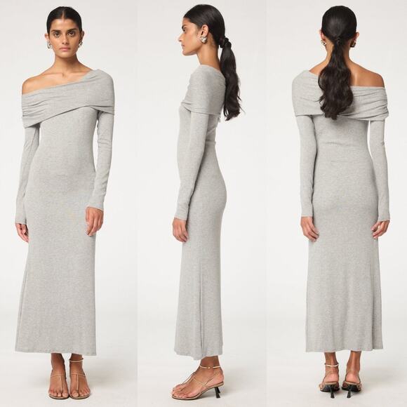 the line by K | NWT Maisie Dress Heather Grey Ribbed Modal Off Shoulder Maxi XL - Picture 1 of 15